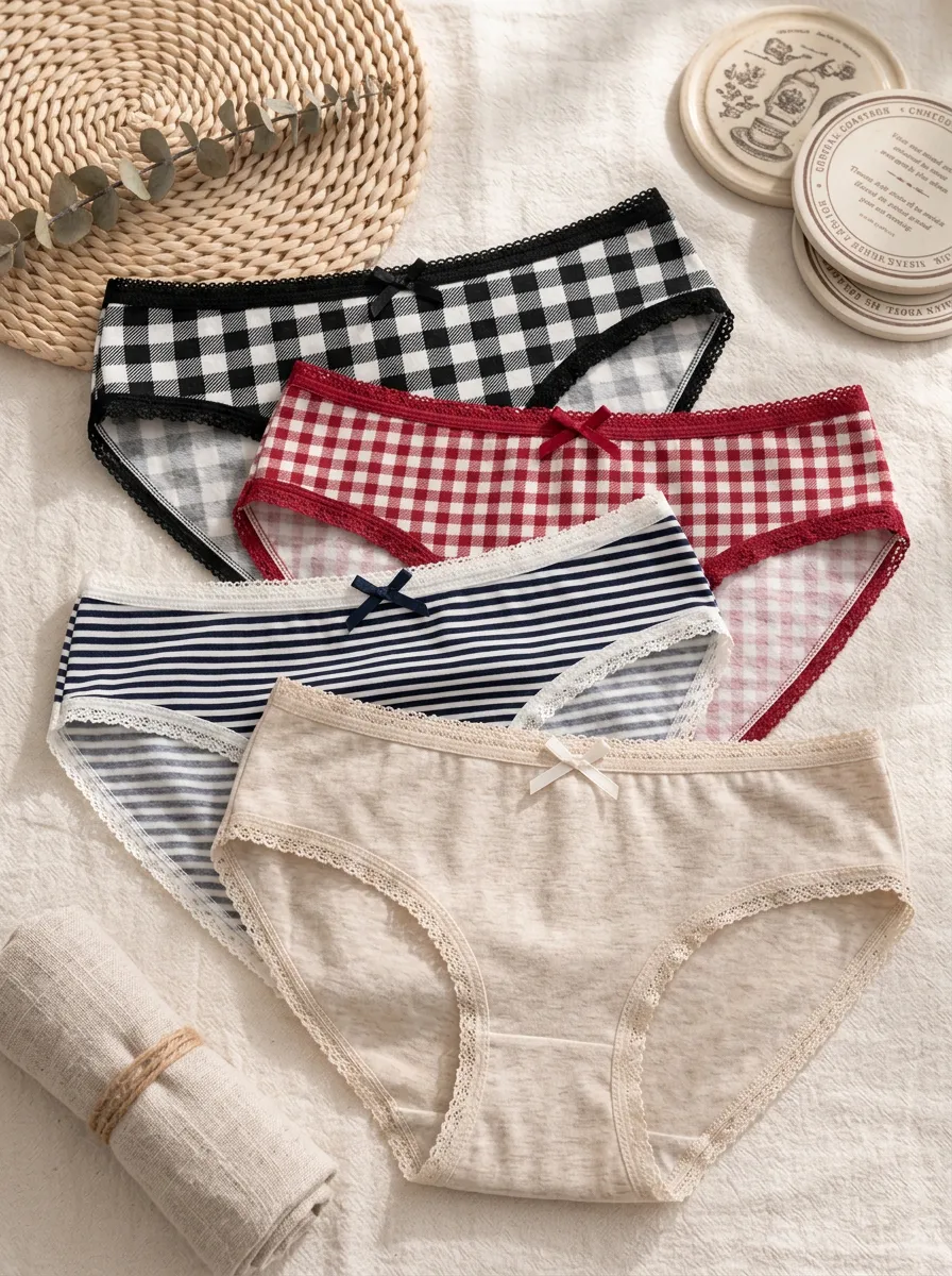 Women's Gingham Plaid and Striped Printed Panties 4-Pack