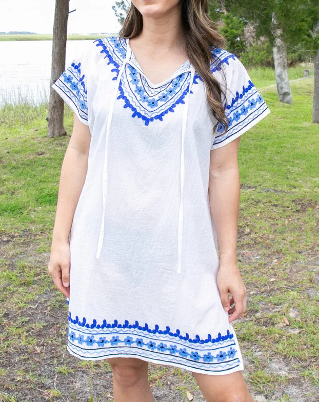 Embroidered Short Sleeve Beach Cover Up