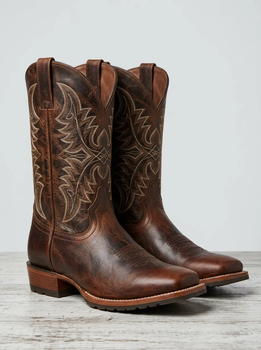 Vintage-Inspired Embroidered Distressed Leather-Look Motif Men's Western Cowboy Boots