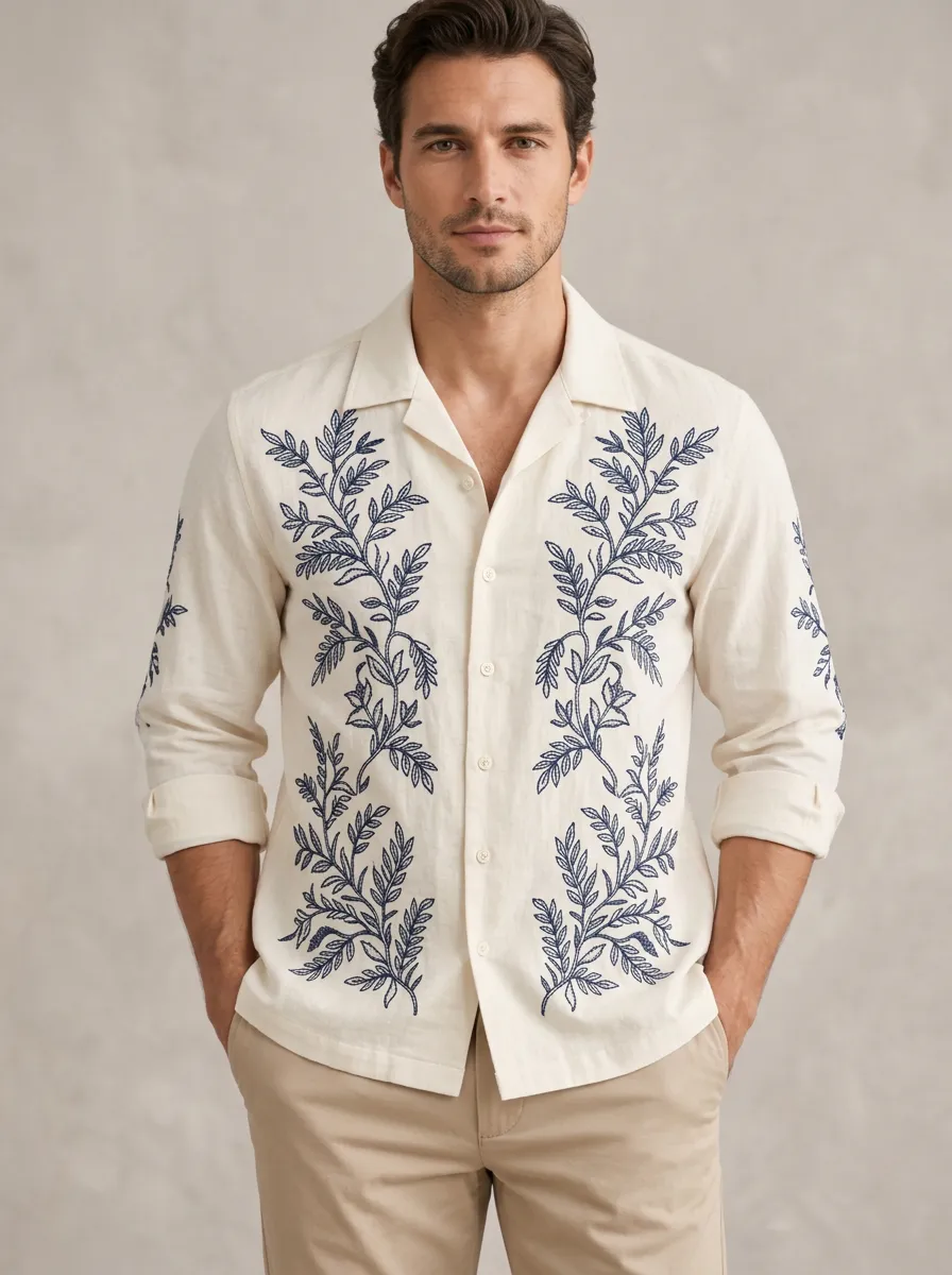 Men's Refined Botanical Embroidered Linen Shirt