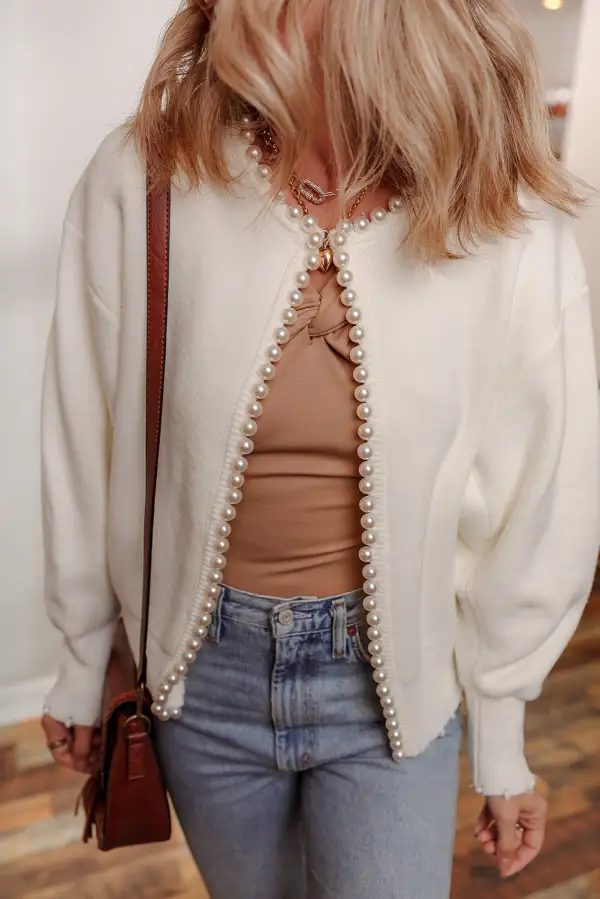 Pearl Embellished Open Front Elegant Cardigan