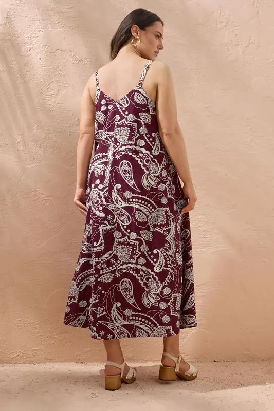 Red Paisley Print Pleat Front Linen Dress