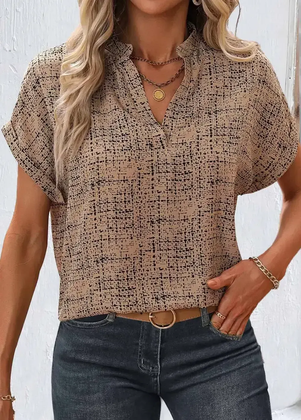Light Coffee Split Geometric Print Short Sleeve Blouse
