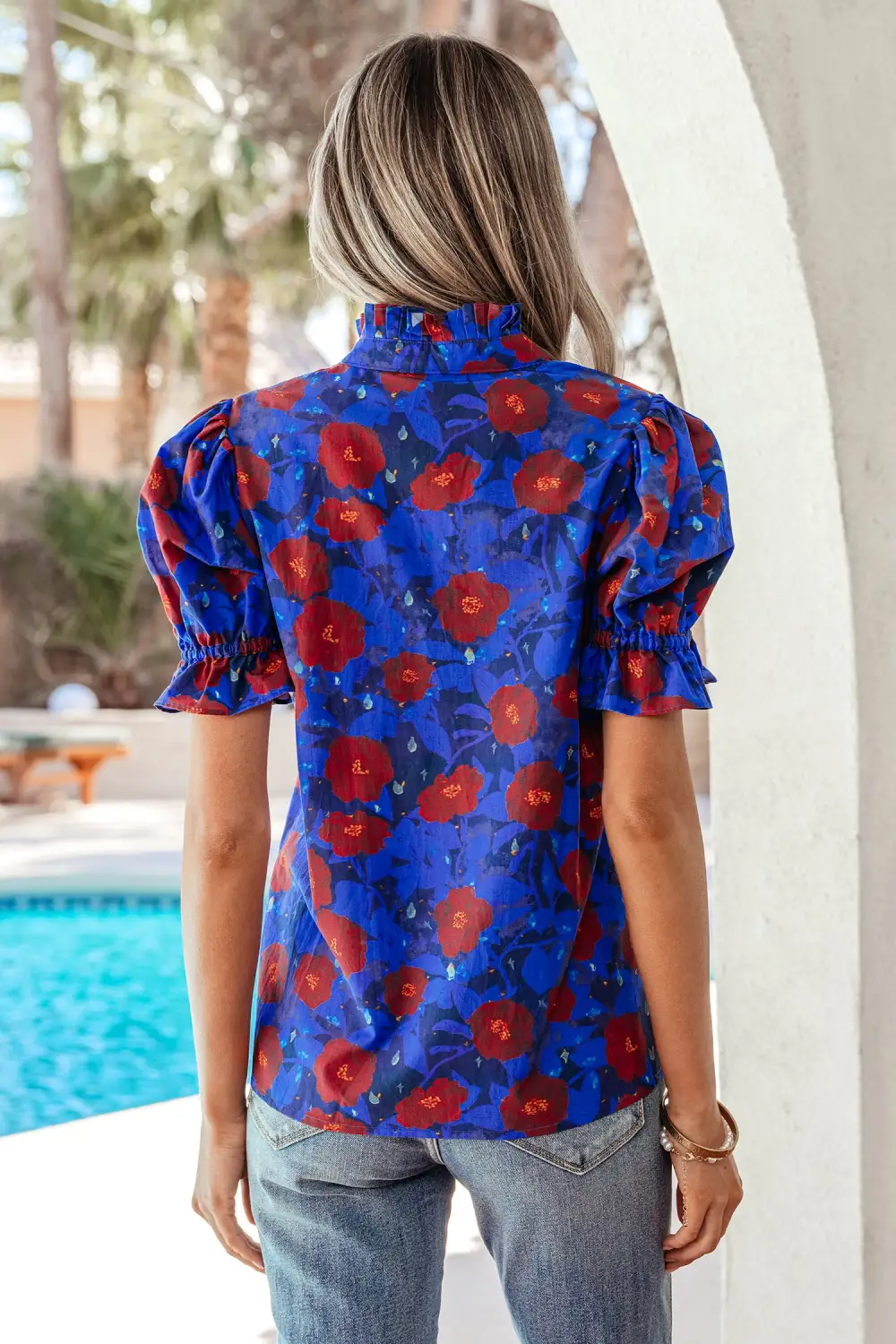 Women's Floral Print V Neck Balloon Sleeve Top