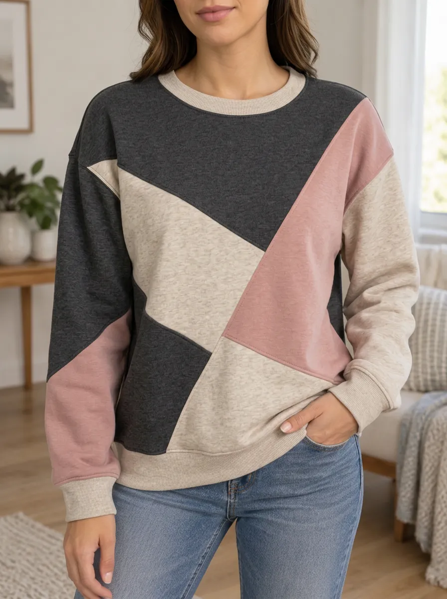 Women's Multi-Color Geometric Panel Sweatshirt Ribbed Trim