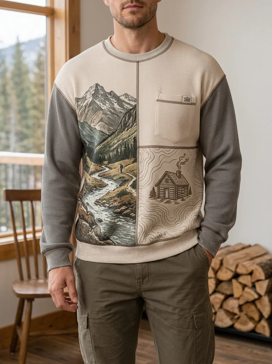 Men's Beige and Grey Graphic Panel Waffle Knit Crewneck Sweatshirt
