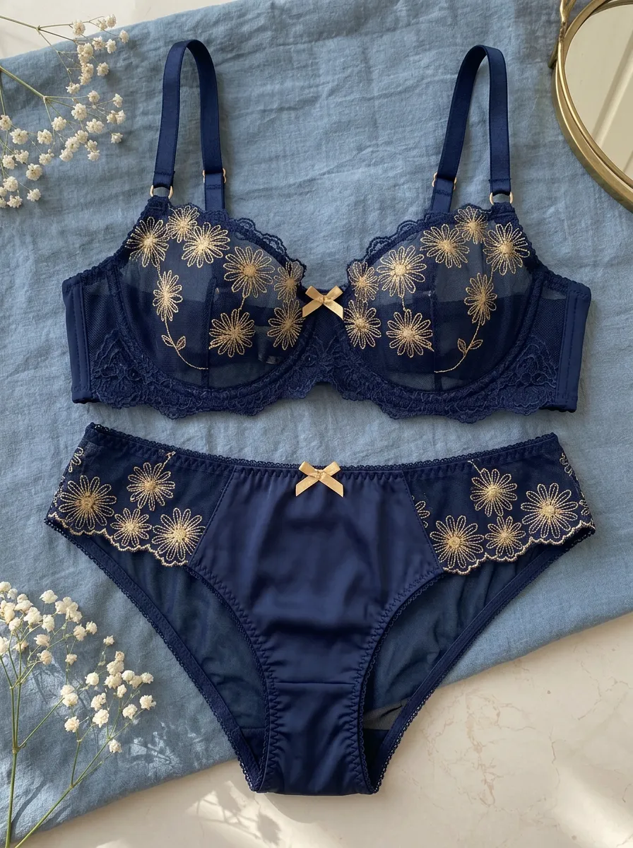 Women's Floral Embroidery Mesh Floral Scalloped Lingerie Set