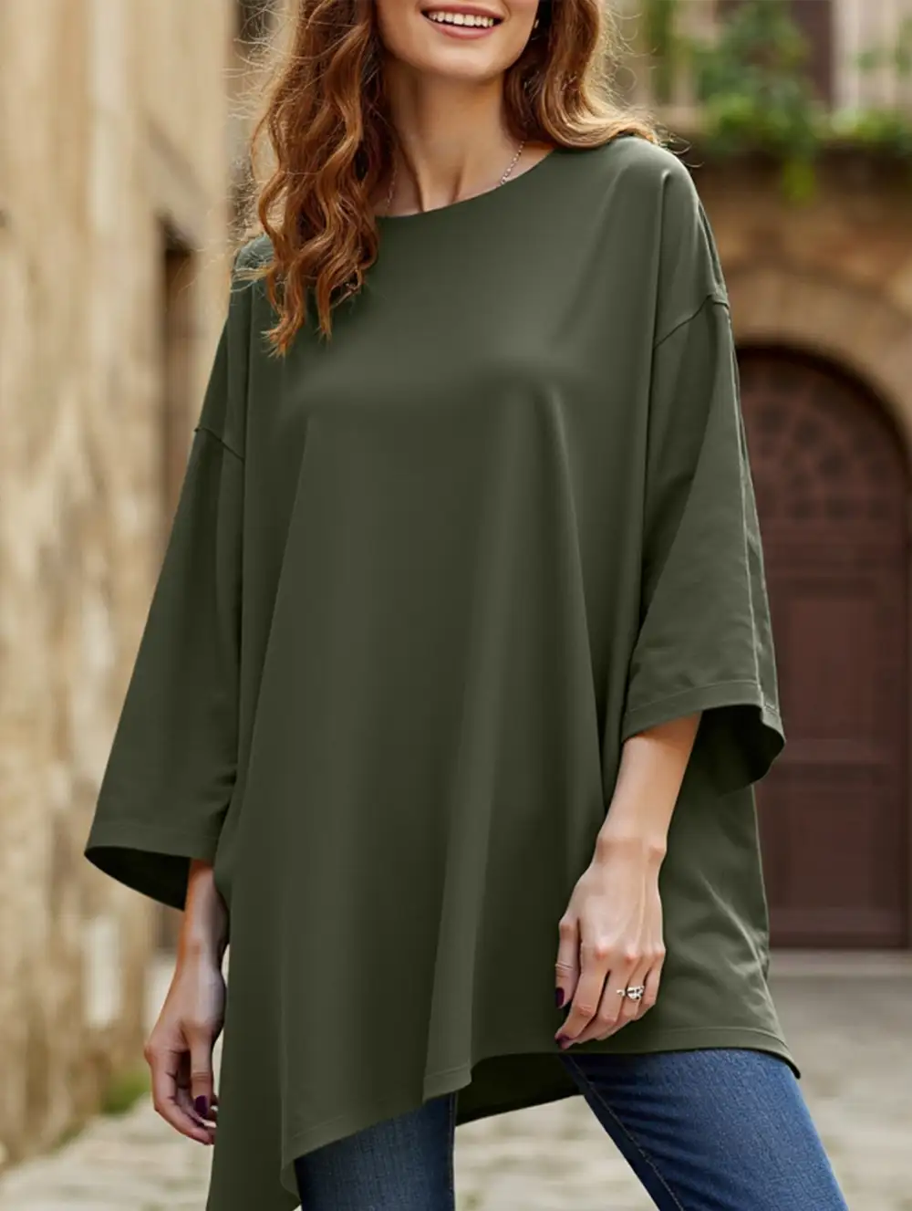 Round Neck Split Hem Long Sleeve Loose Top