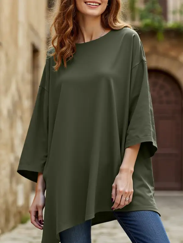 Round Neck Split Hem Long Sleeve Loose Top