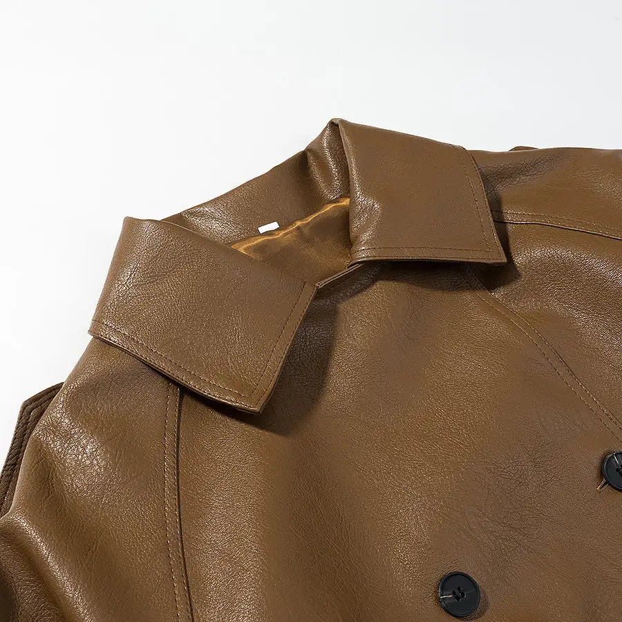 Polished Lapel Collar Trench Leather Jacket