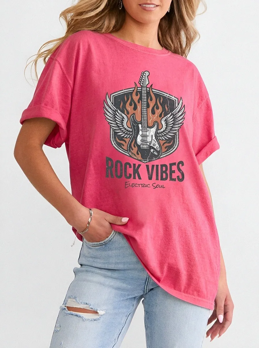 Women's Rock Music Lover Winged Guitar Fire Printed T-shirt