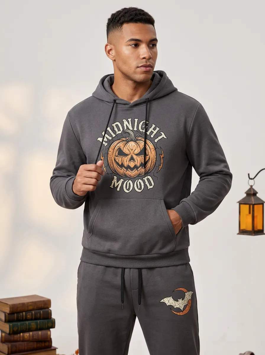 Men's Halloween Midnight Mood Pumpkin Bat Printed Tracksuit
