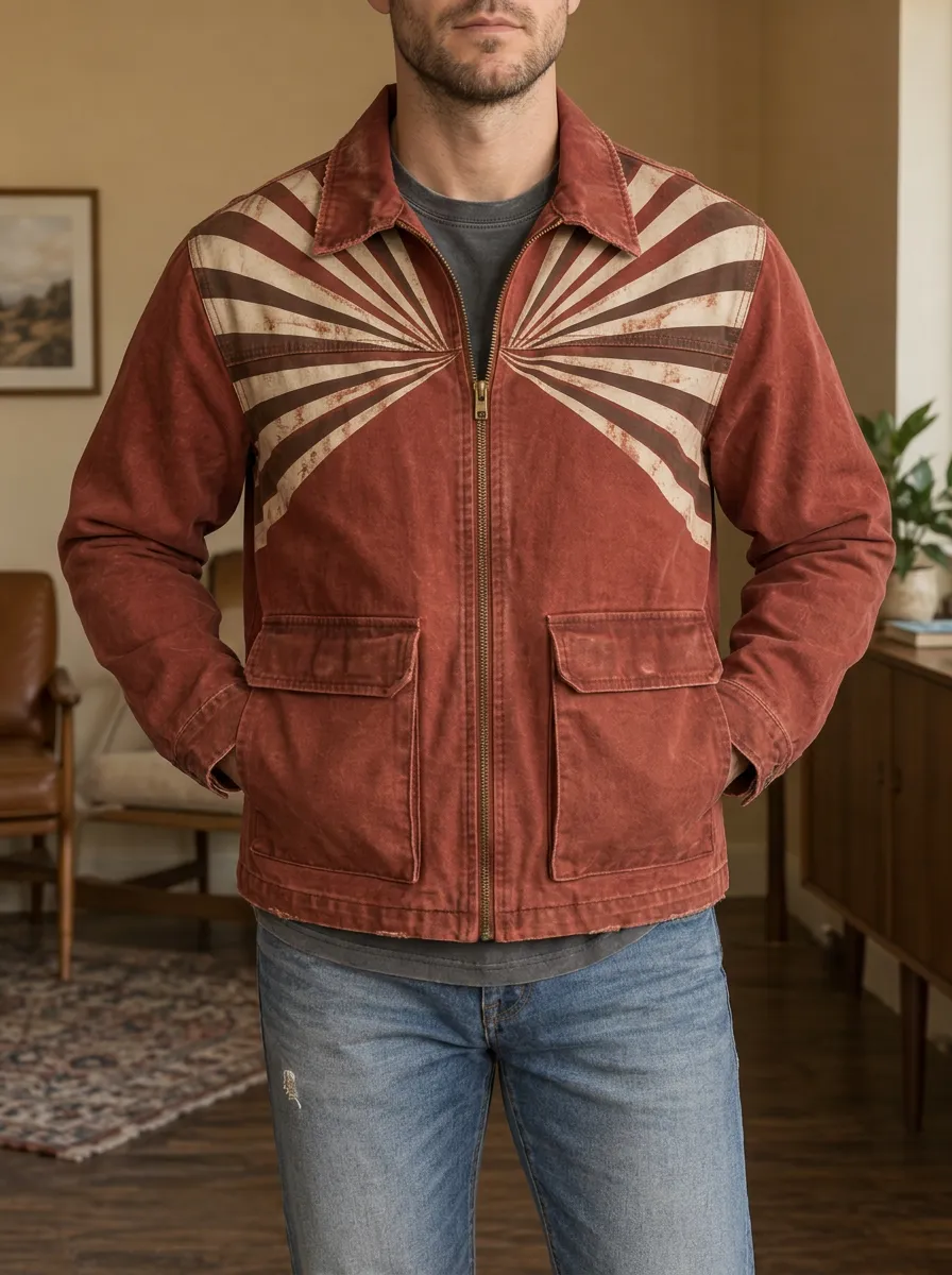 Men's Vintage Style Sunburst Pattern Printed Canvas Jacket