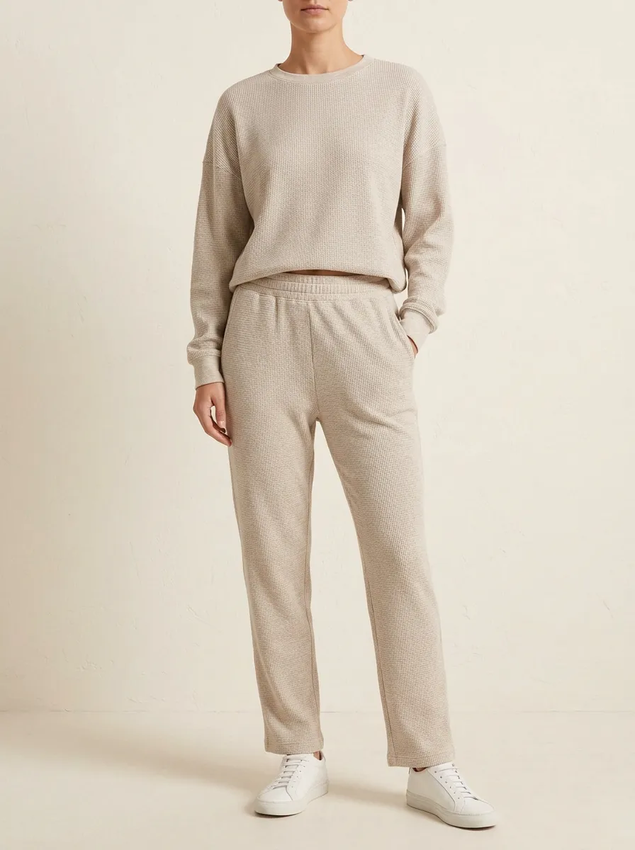 Unisex Beige Waffle Knit Long Sleeve Crewneck Top
