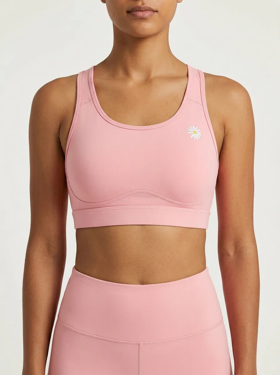 Women's Daisy-Embroidered Scoop-Neck Racerback Underbust-Seam Sports Bra