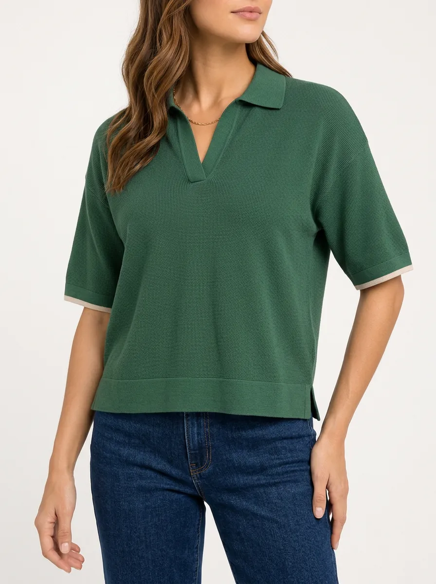 Women's Green Waffle Knit Polo with V Neck Opening