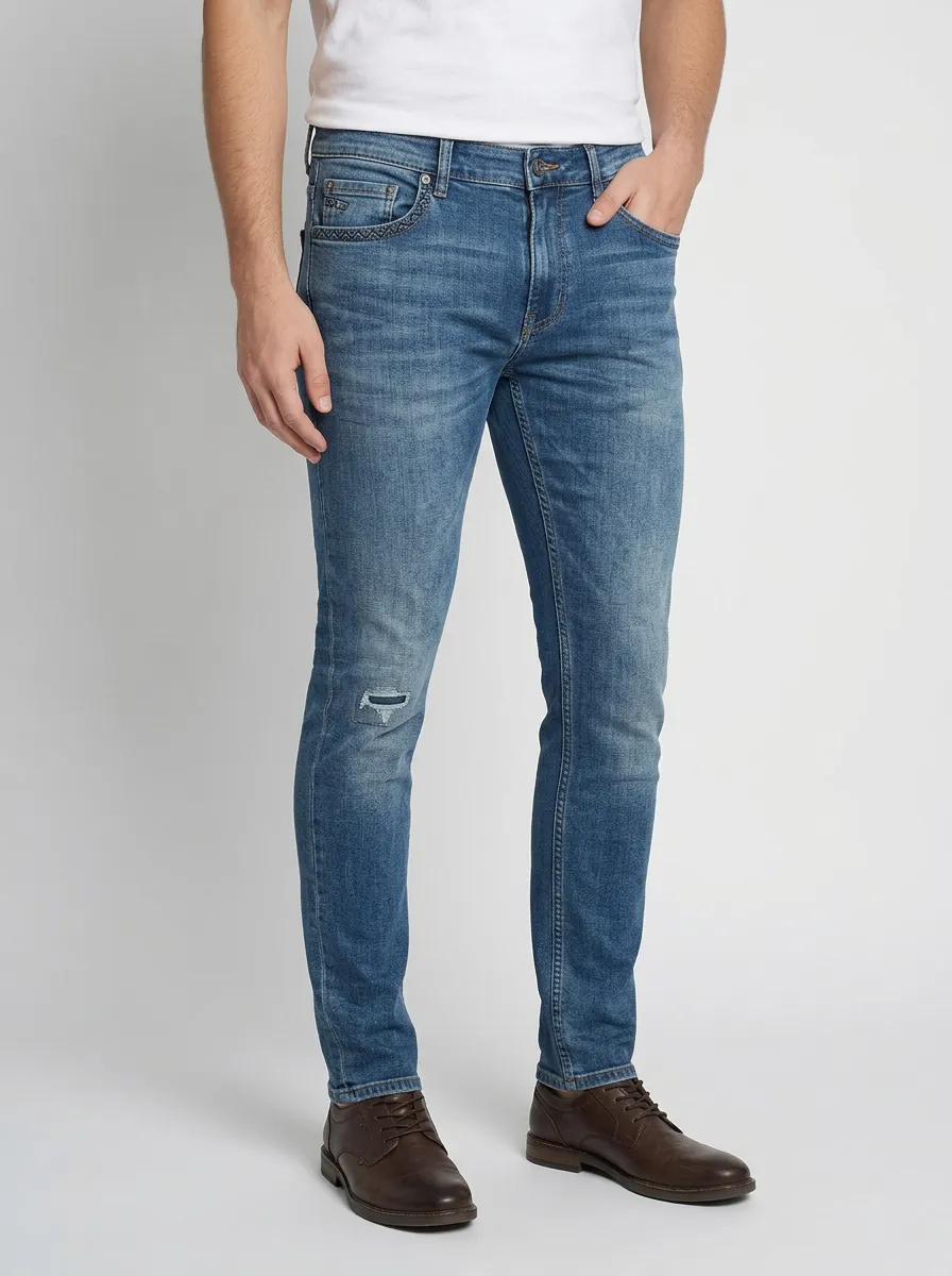 Men's Distressed Blue Denim Slim-Fit Jeans