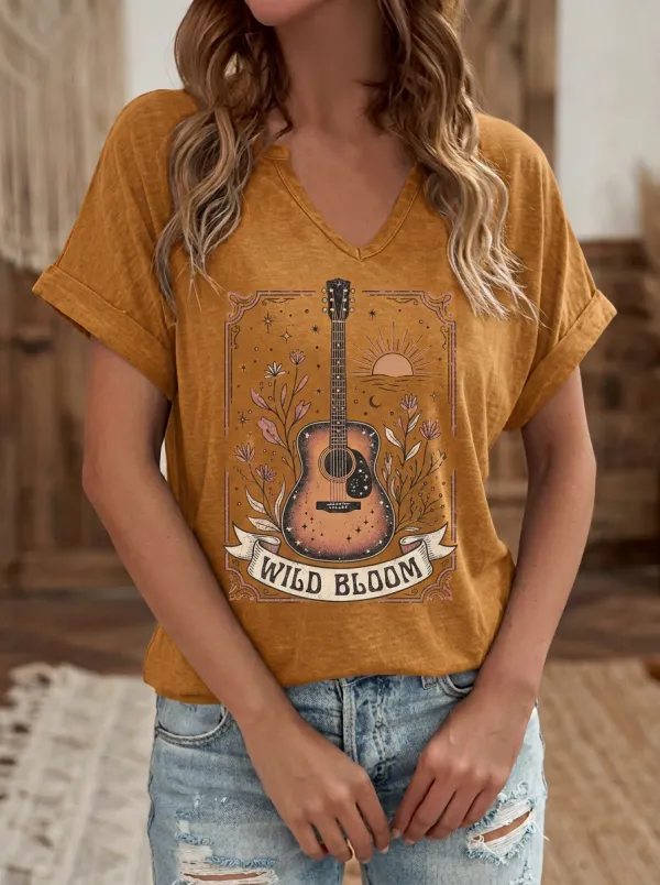 Floral Guitar Western Women's V-Neck T-Shirt