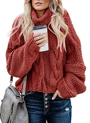 Womens Turtle Cowl Neck Solid Color Soft Comfy Cable Knit Pullover Sweaters S-2XL