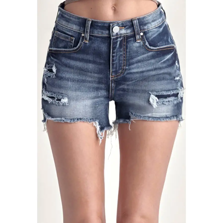 Risen Mid Rise Raw Hem Denim Shorts