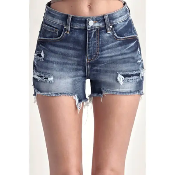 Risen Mid Rise Raw Hem Denim Shorts
