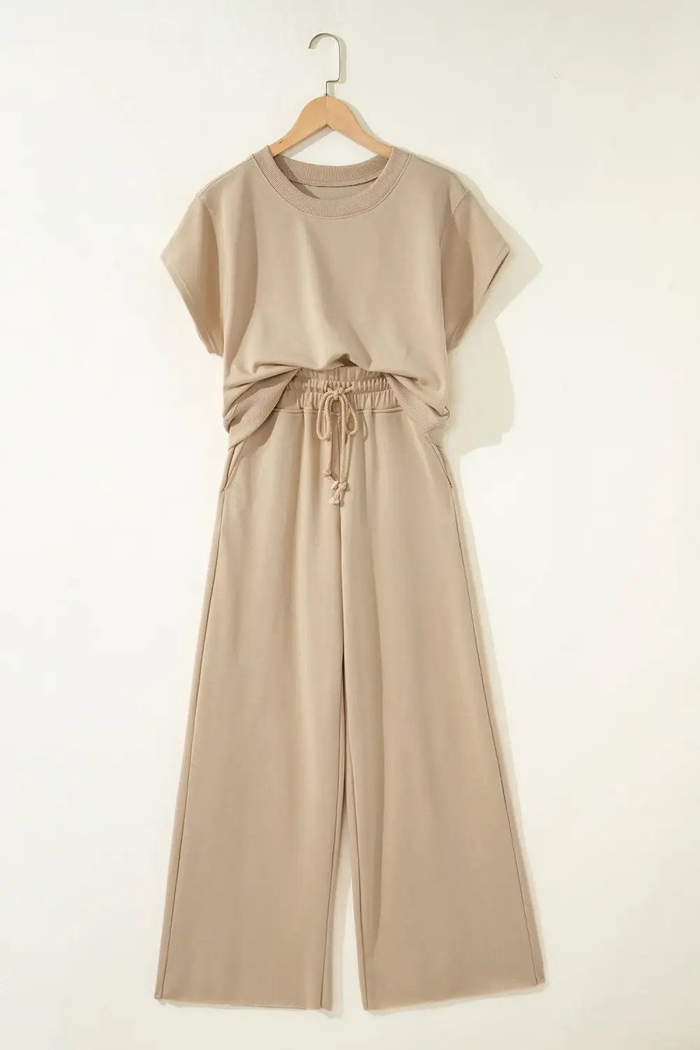 Women's Solid Color Loose Tee Drawstring Wide Leg Pants Two Piece Outfit