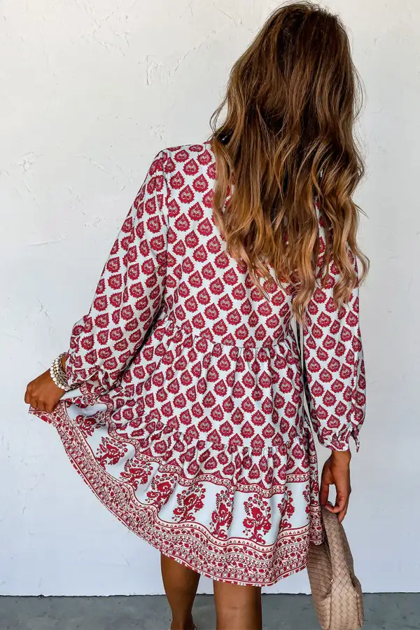 Boho Tassel Tie Split Neck Puff Sleeve Mini Dress
