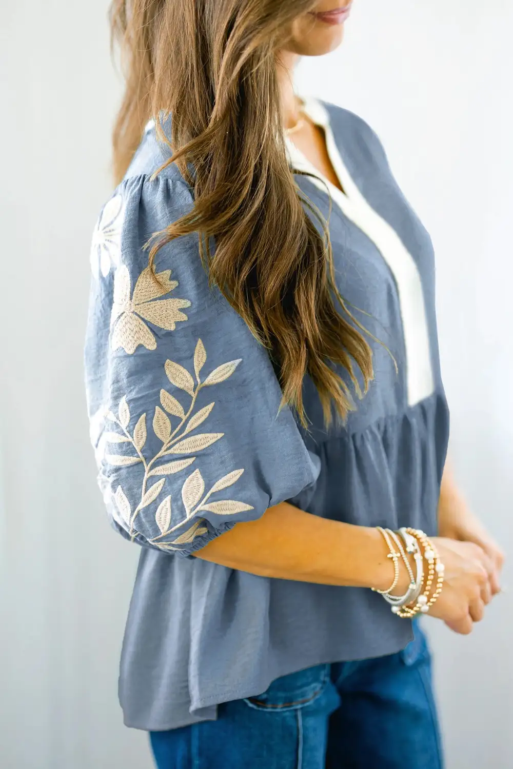 Women's Embroidered Colorblock Patchwork Top