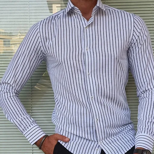 Contemporary Long Sleeve Slim Fit Striped Cotton Casual Shirt