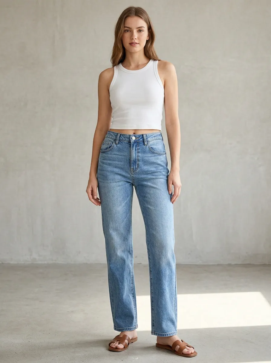 Women's Casual Style High-Waisted Straight Leg Denim Jeans