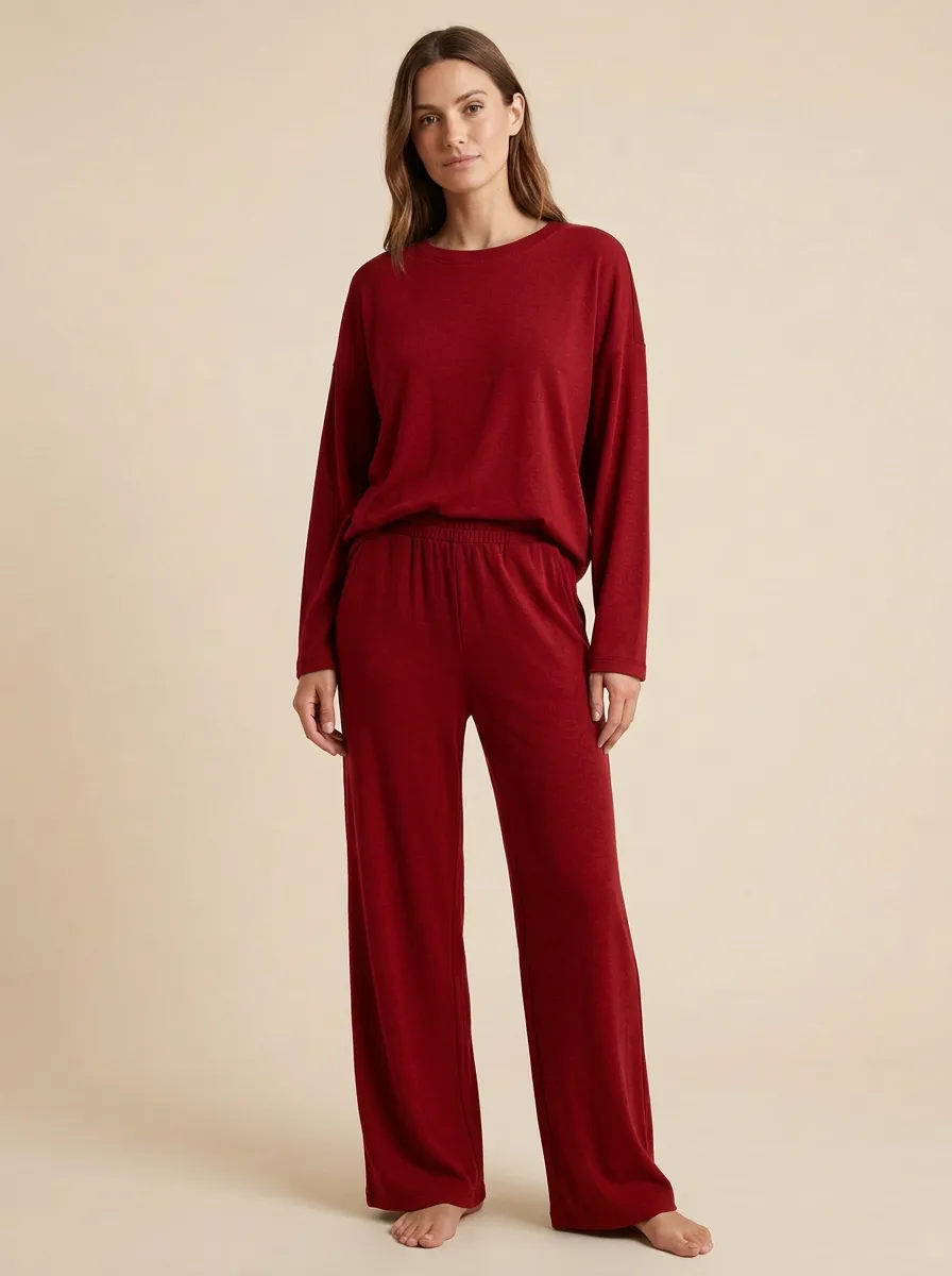 Women's Ribbed Long-Sleeve Crewneck Top And Pull-On Wide-Leg Trouser Lounge Set