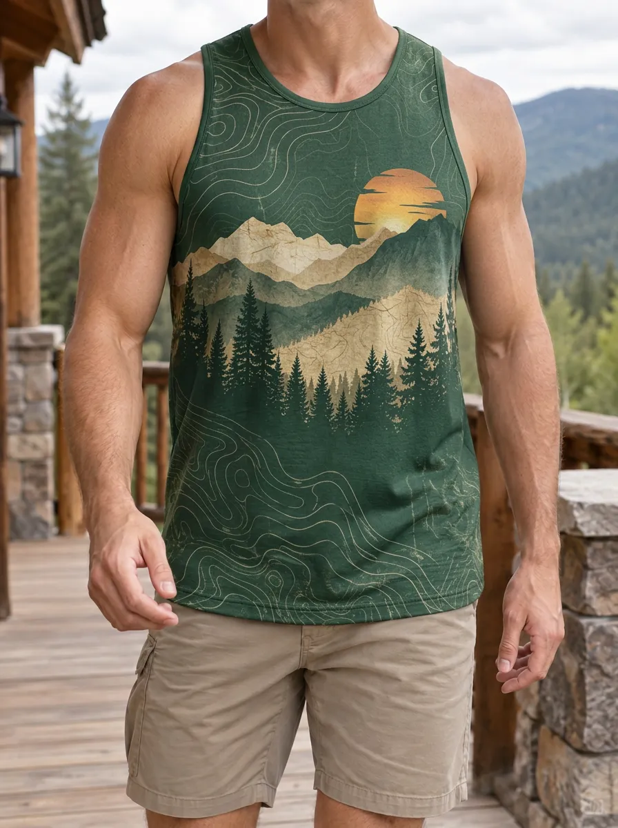 Men's Outdoor Nature Mountain Forest Sunset Tank Top