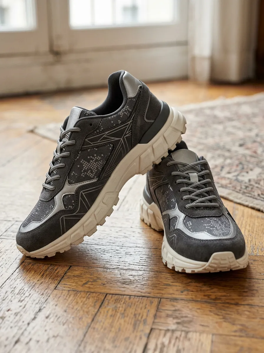 Women's Motion Geometric Pattern Silver Printed Sneakers