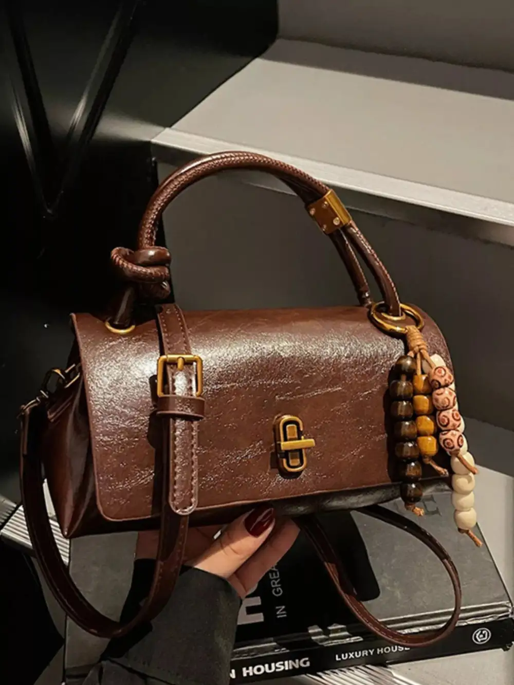 Bead Charm Faux Leather Crossbody