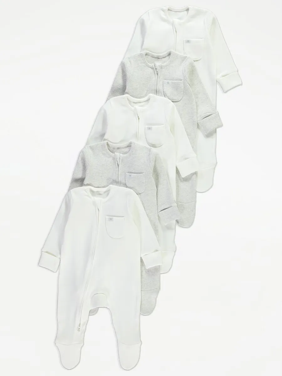 Ribbed Zip Fasten Sleepsuits 5 Pack