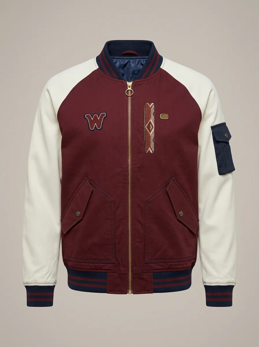 Men's Varsity W-Patch Tribal Trim Printed Bomber Jacket