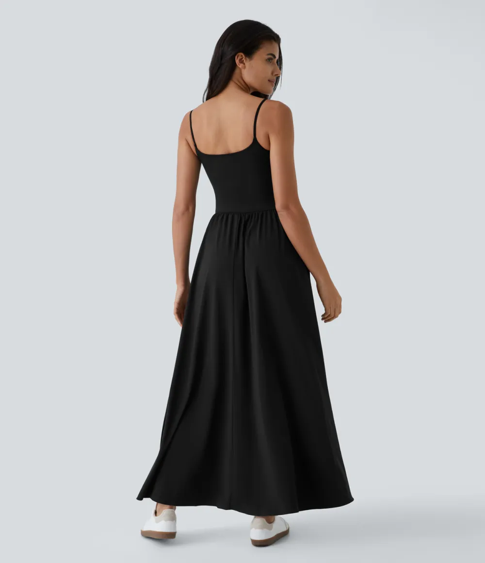 Breezeful Backless Side Pocket Plicated Flowy Flare Maxi Quick Dry Casual Slip Dress