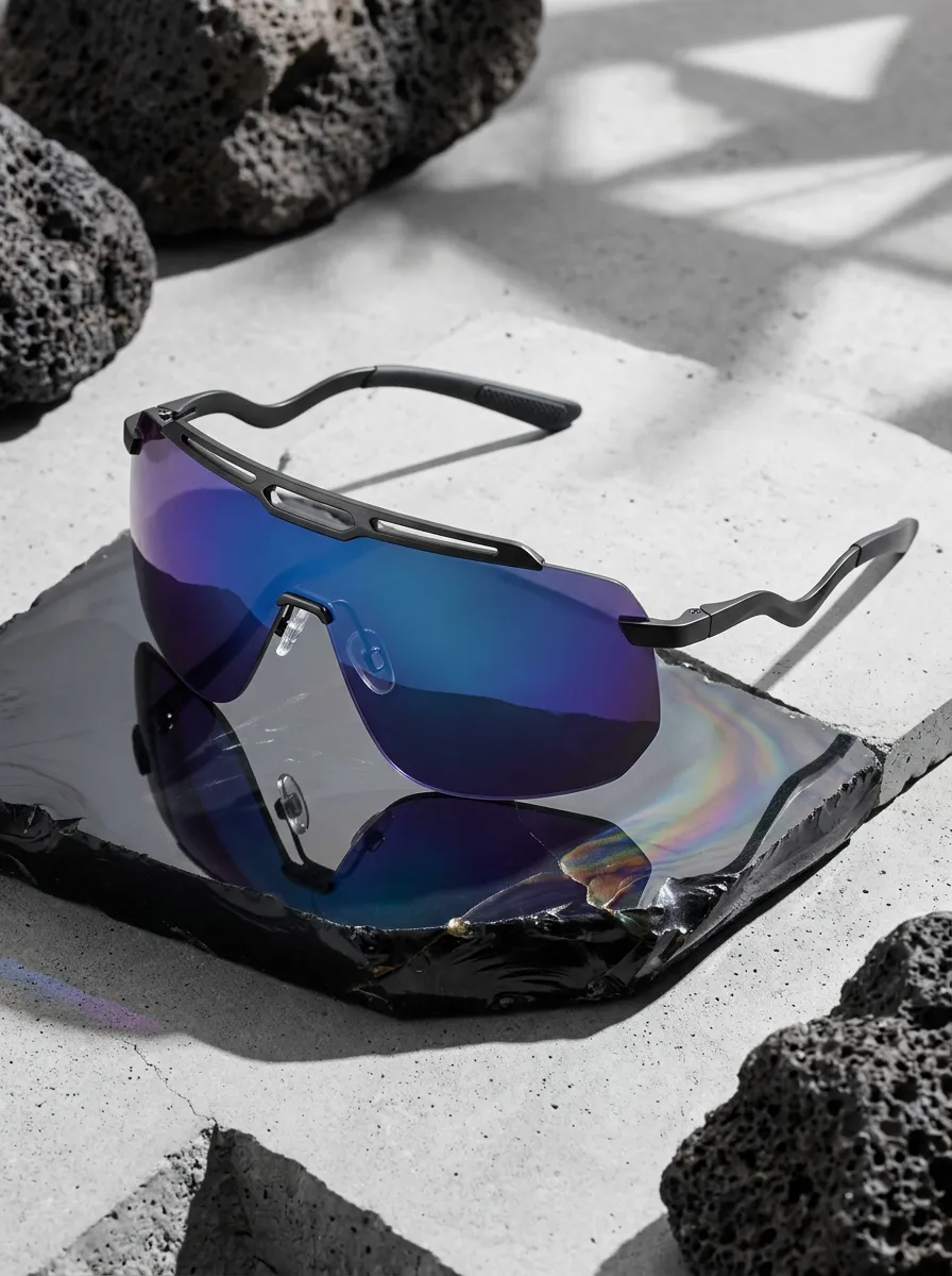 Men's Sporty Blue Mirror Shield Lens Wrap Sunglasses