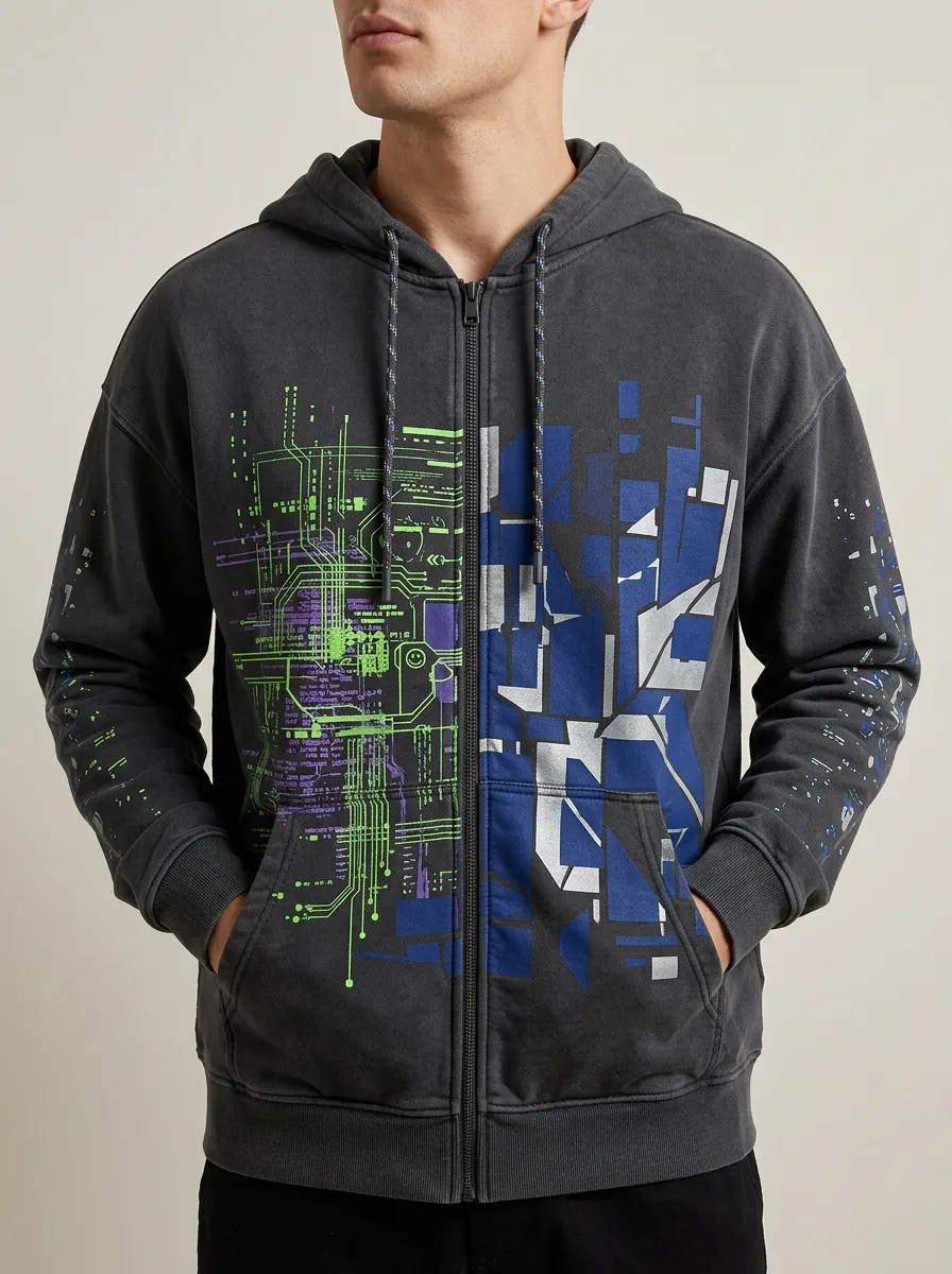 Men's Cyberpunk Tech Circuit Printed Zip Up Hoodie