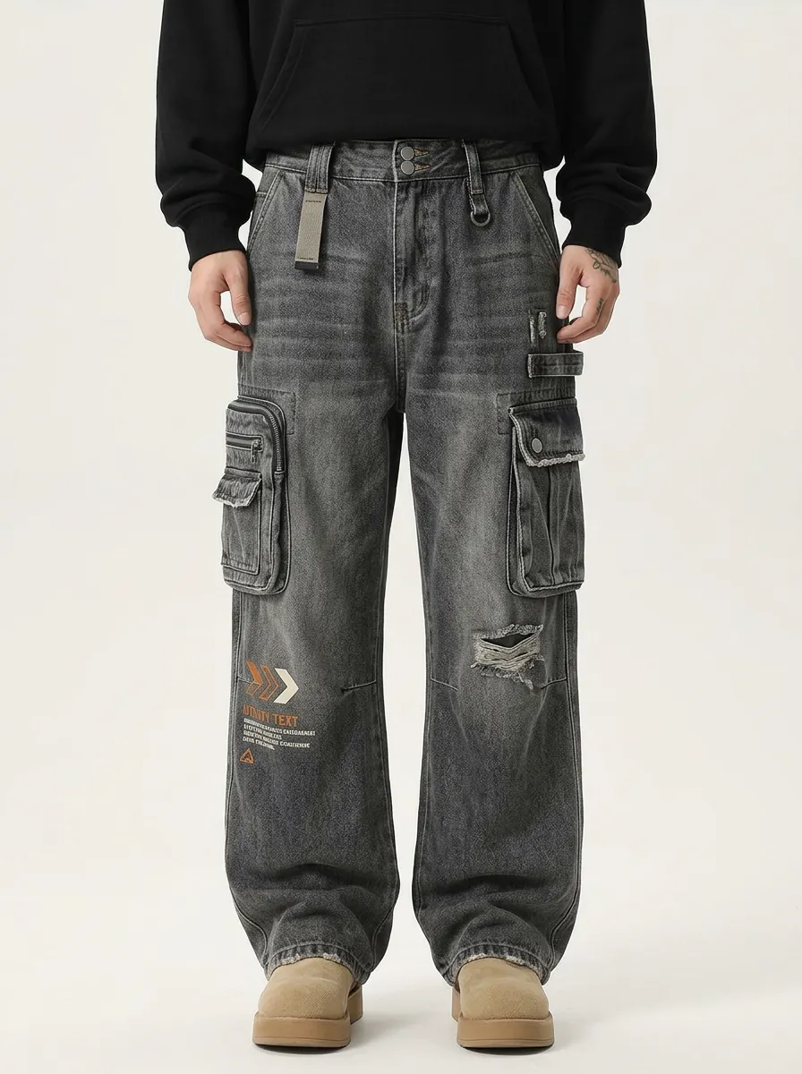 Men's Streetwear Graphic Distressed Washed Cargo Pants