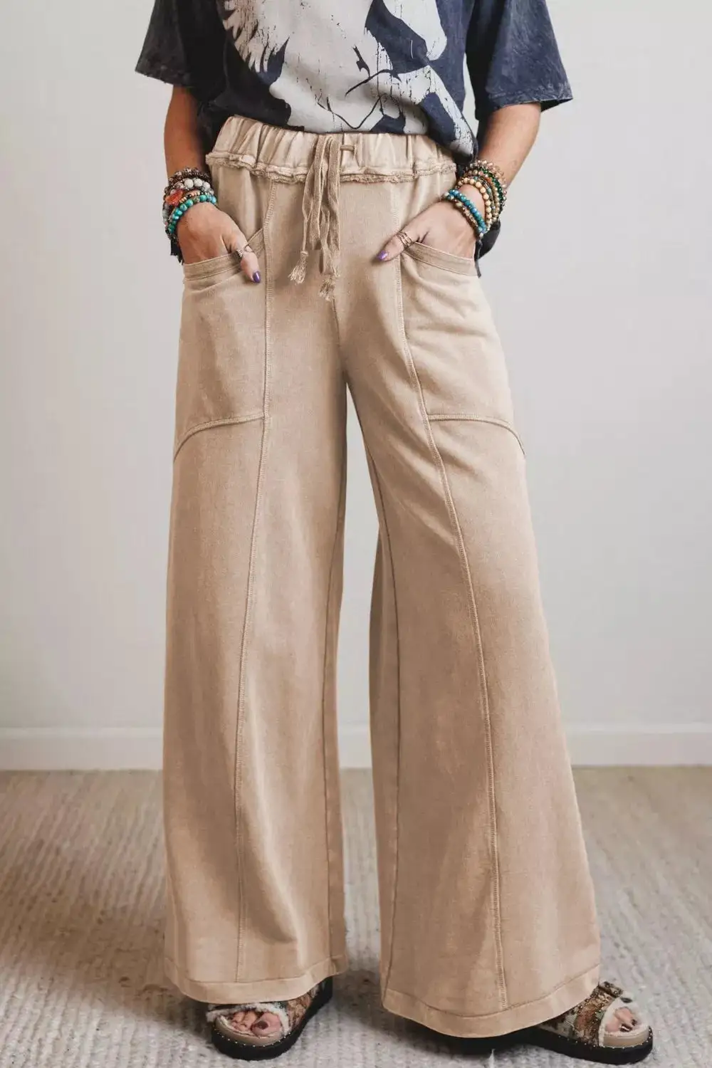 Mineral Wash Drawstring Retro High Waist Wide Leg Western Pants
