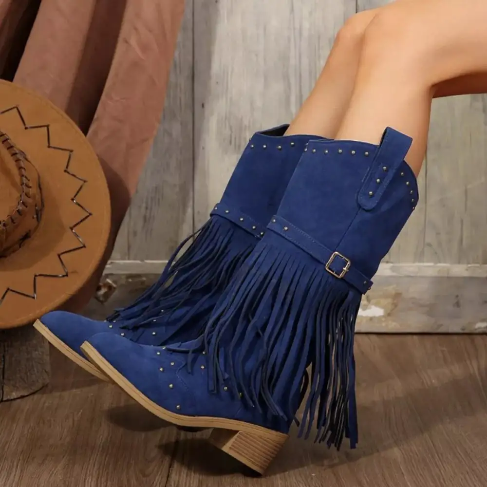 Refined Fringe Point Toe Block Heels Boots