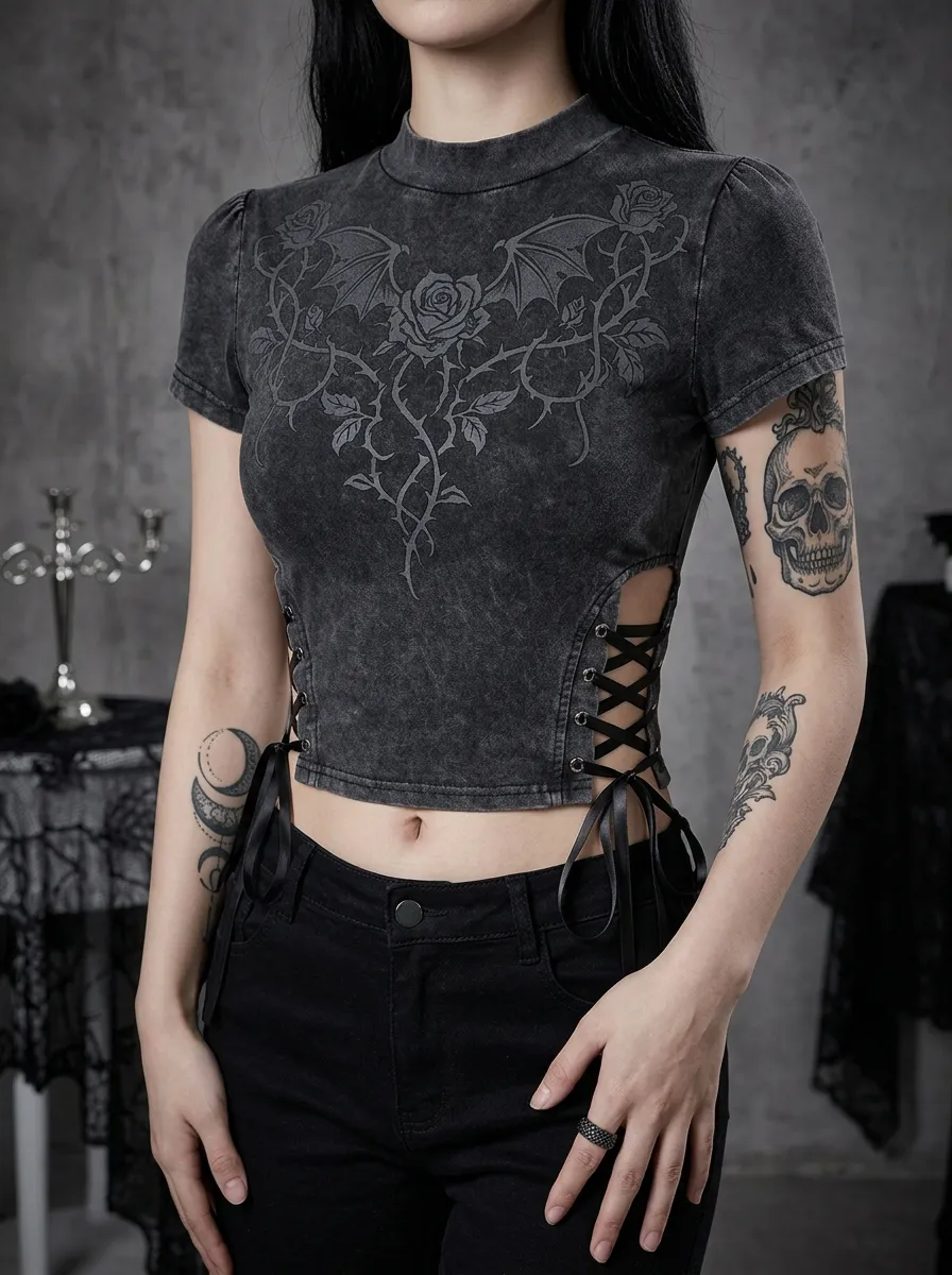Victorian-Inspired Bat Rose Wing Victorian Look Women's Gothic T-Shirt
