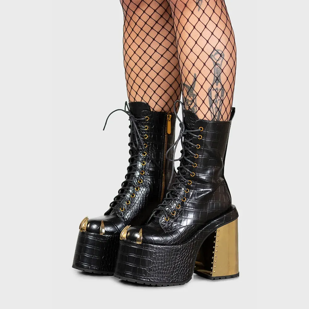 Faux-Leather Crocodile-Embossed Studded Lace-Up Ankle Boots
