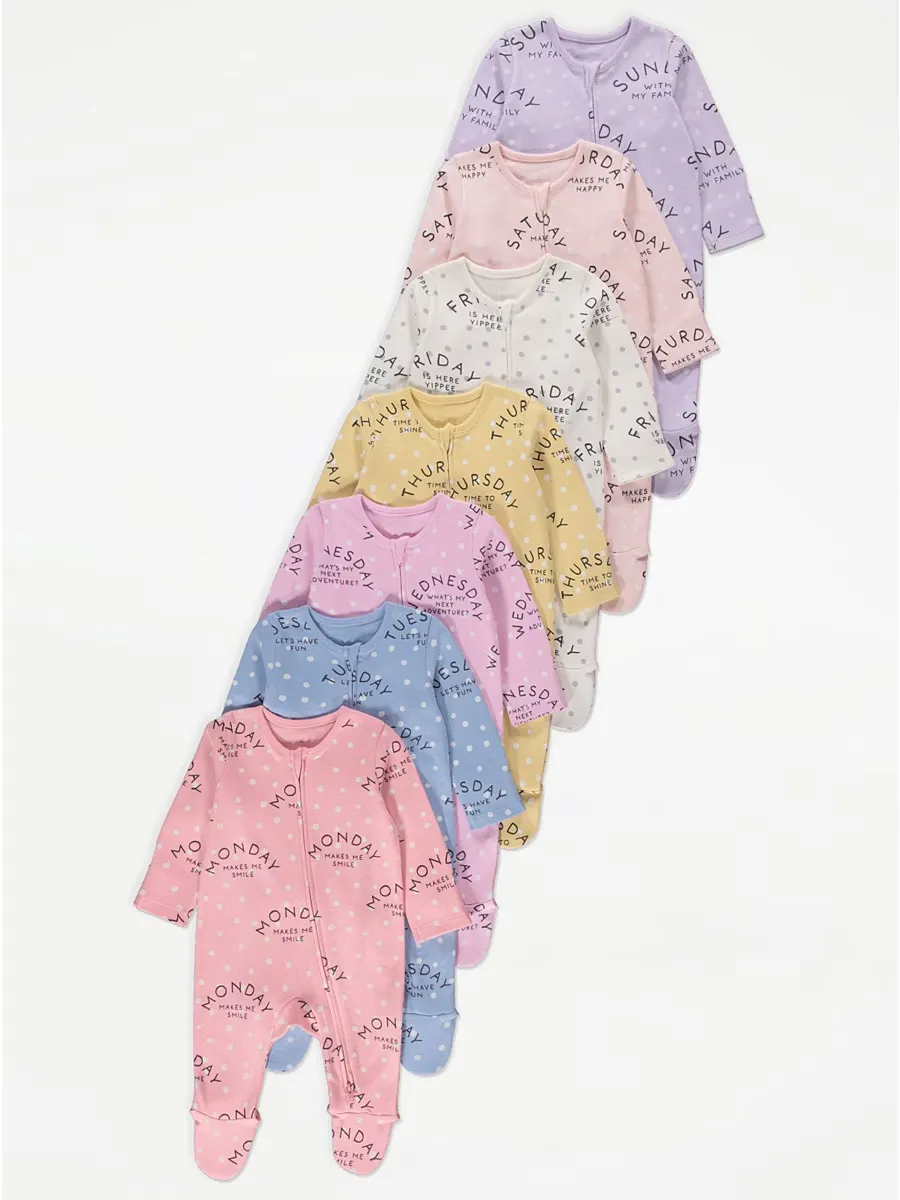 Pastel Spotty Days of the Week Sleepsuits 2 Way Zip Fastening 7 Pack