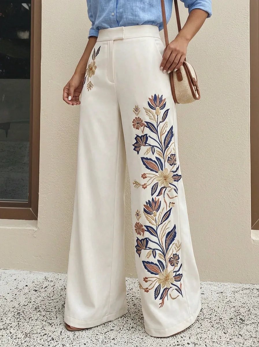 Women's Floral Botanical Embroidered Patterned High-Waist Wide-Leg Pants