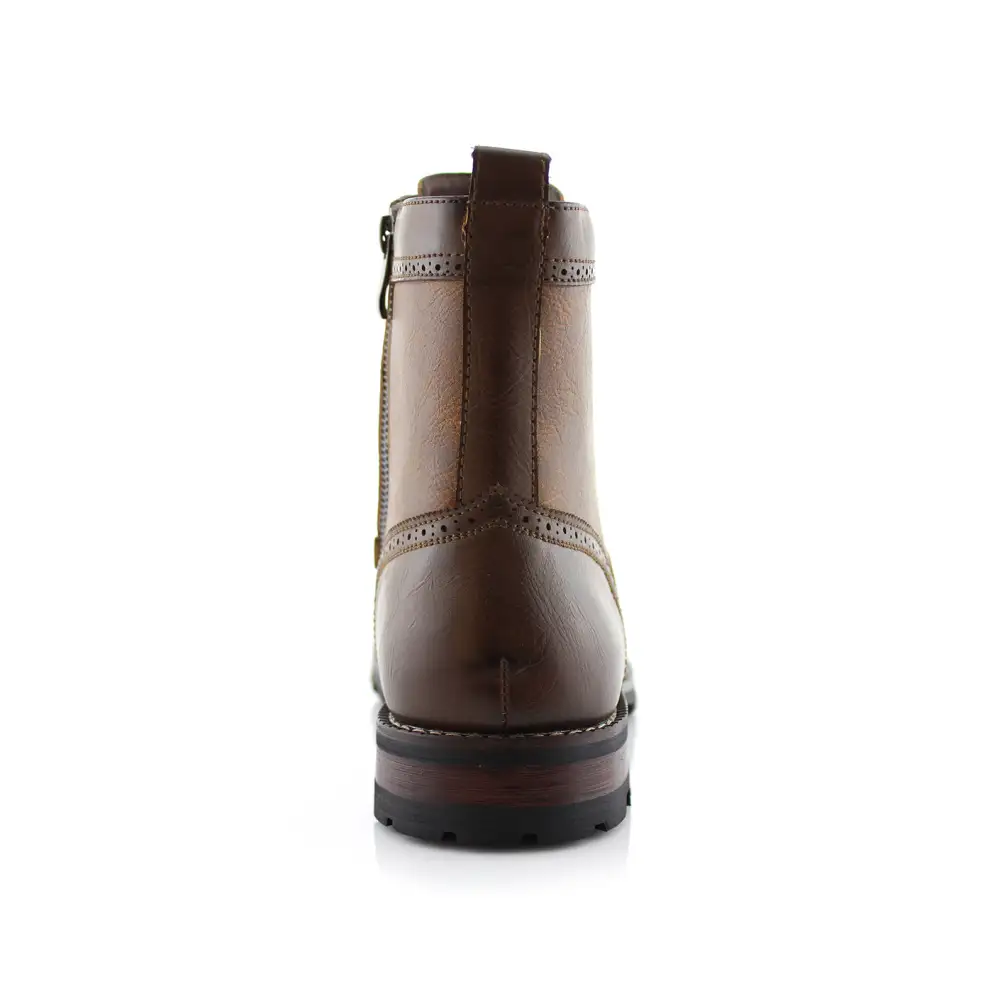 Faux-Leather Embossed Wingtip Combat Boots