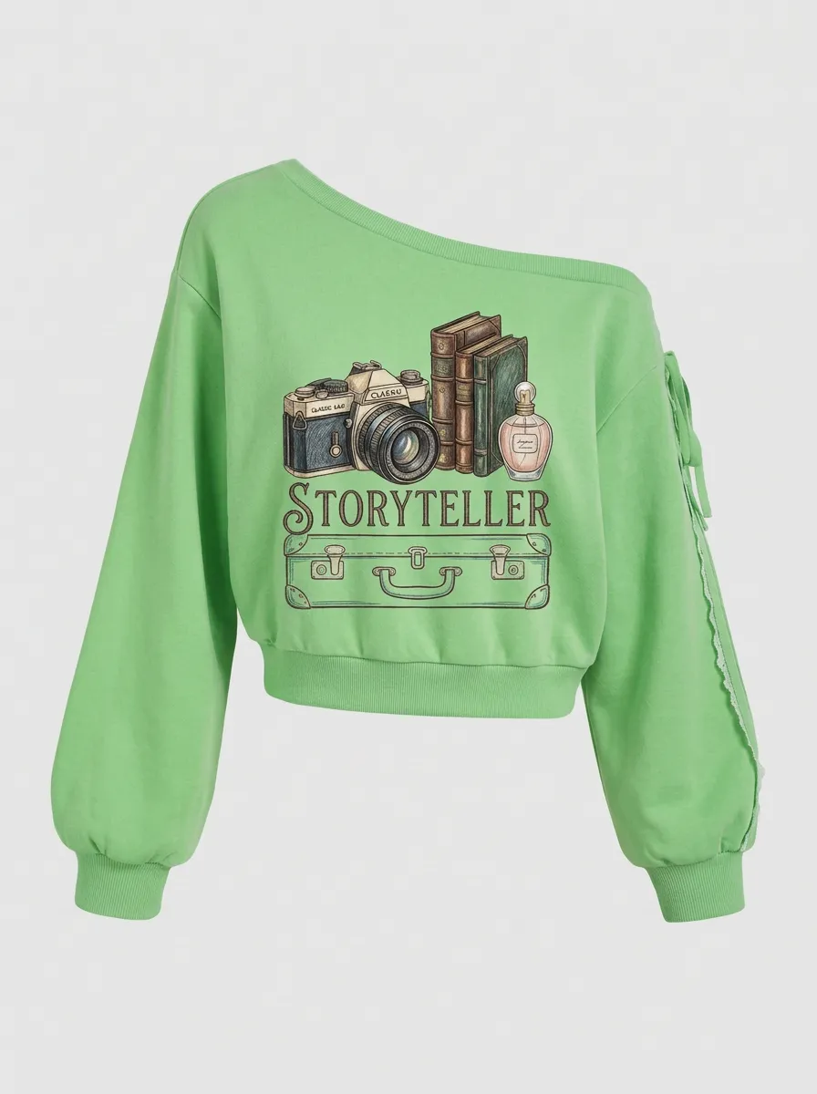 Women's Storyteller Camera Books Printed Off-Shoulder Sweatshirt