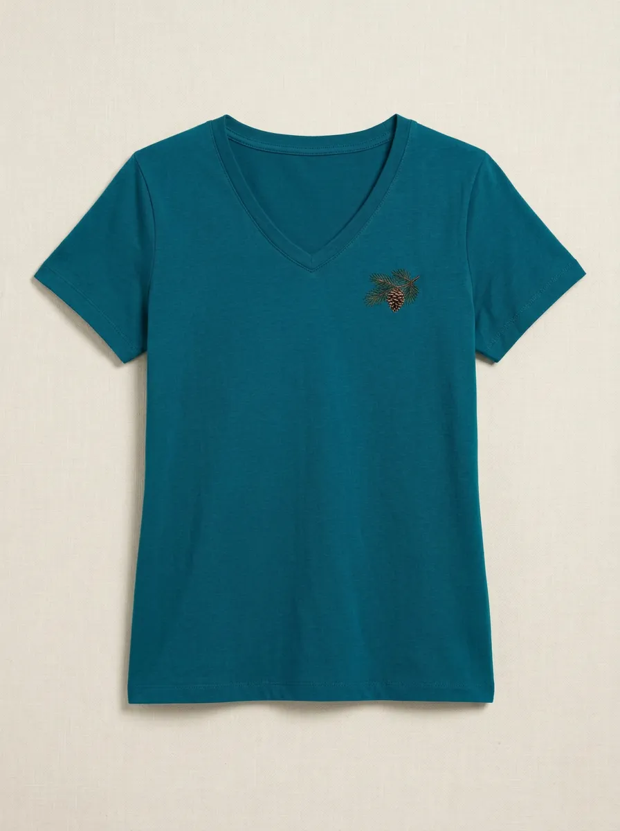 Women's Pinecone Branch Embroidered V-Neck T-Shirt