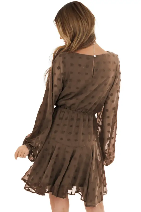 Swiss Dot Long Sleeve Mini Dress With Waist Tie